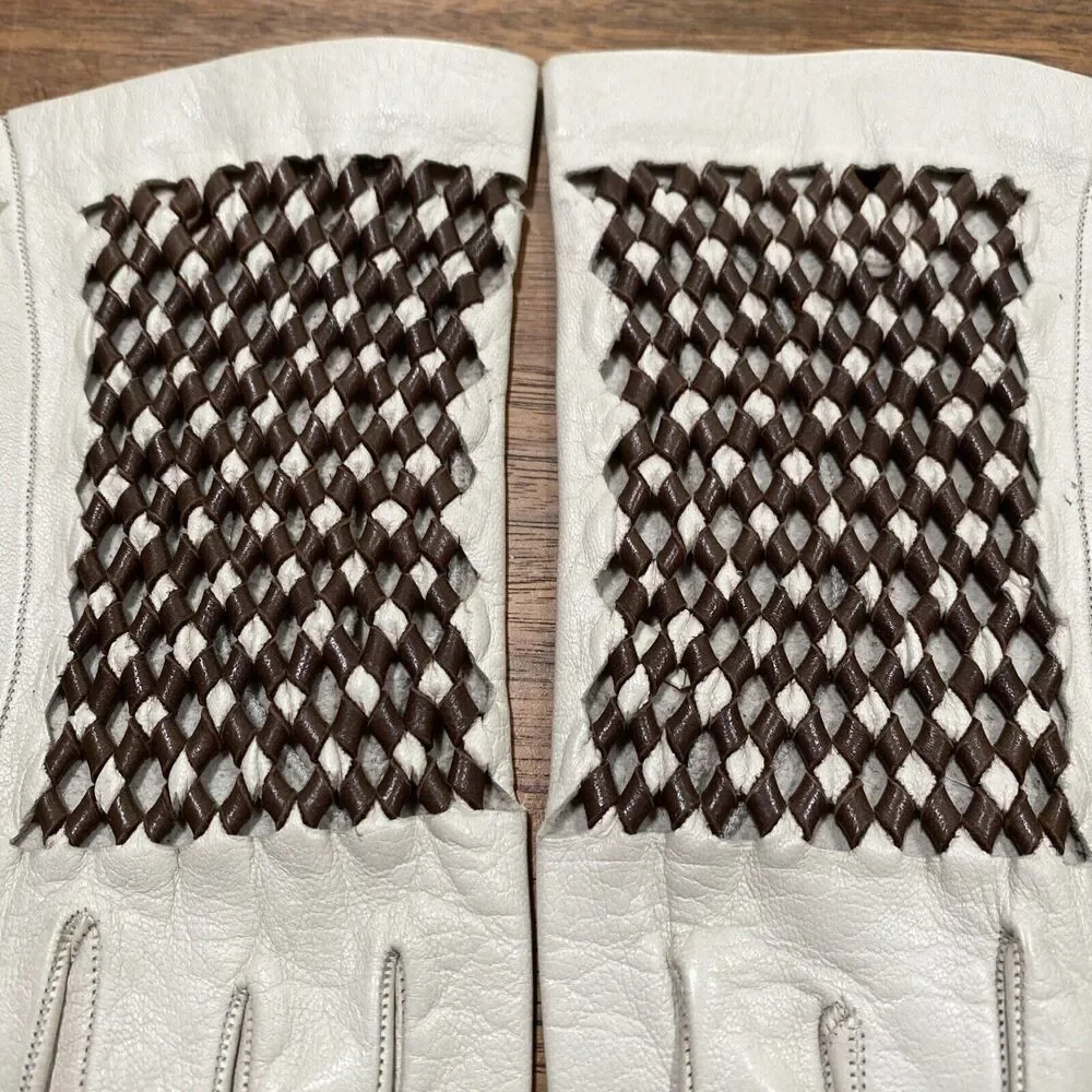 Vintage Ladies Size 7 Leather Gloves Cream & Brown Woven Leather Mid Century